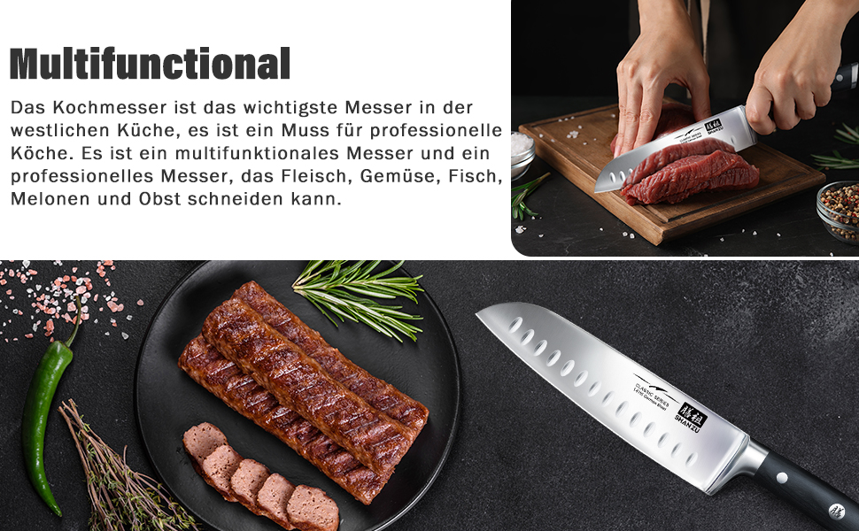 Кухонний ніж Santoku SHAN ZU 18 см з німецької нержавіючої сталі, надгостре лезо, ергономічна ручка, подарункова упаковка