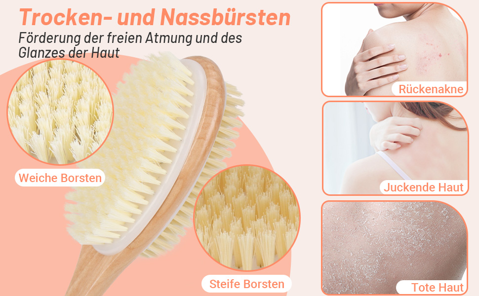 Дерев'яна щітка для спини Alyvisun для душу з довгим руків'ям, двостороння, жорсткі та м'які щетинки, для мокрого та сухого пілінгу тіла