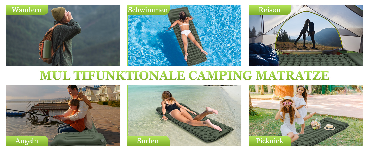 Каремат Satisure для кемпінгу надувний з насосом, водонепроникний, ультралегкий, зелений - для туризму, відпочинку на природі