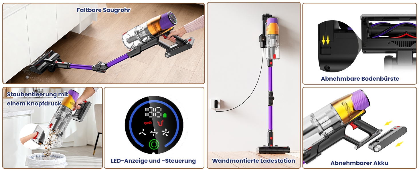 Бездротовий акумуляторний пилосос A12 з функцією миття підлоги, 8-в-1, 48Kpa, 550W, 70 хвилин, з сенсорним екраном, об'єм контейнера 1,5 л, док-станція для стін, підходить для килимів, авто, шерсті тварин, фіолетовий