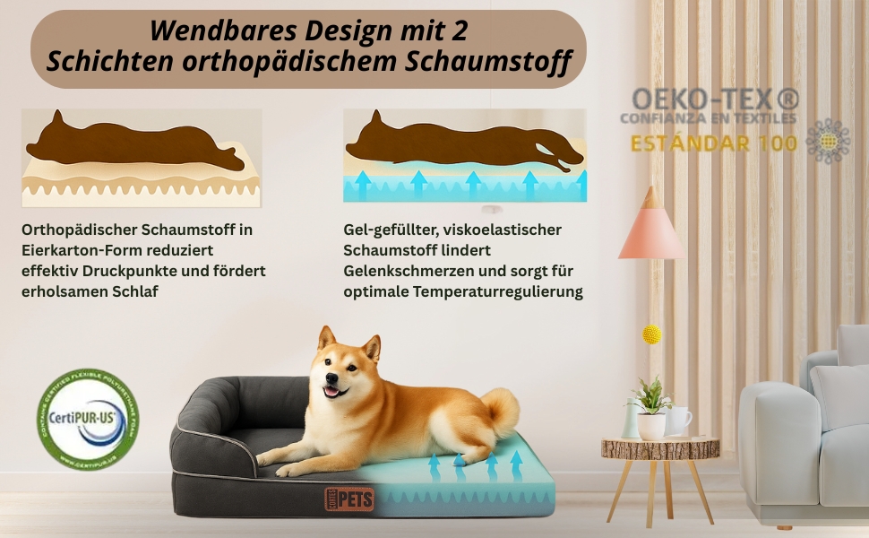 Ортопедичне ліжко для собак середніх та великих порід CORTESPETS® - зручне собаче ліжко з Memory Foam, водонепроникним покриттям та знімним чохлом. Розмір: 90 x 64 x 17 см