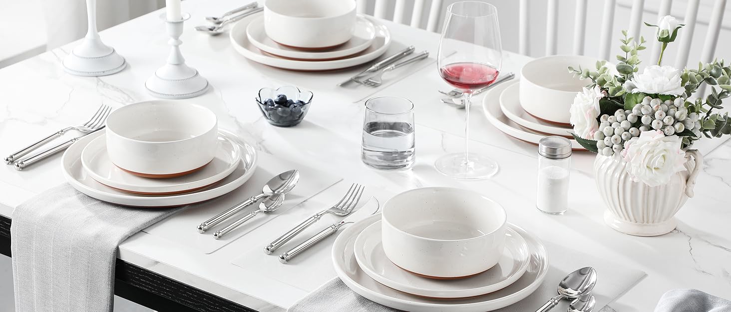 MALACASA Сервіз на 6 осіб (18 предметів) з реактивною глазур'ю, серія TARA, білий з коричневим, для дому та ресторану