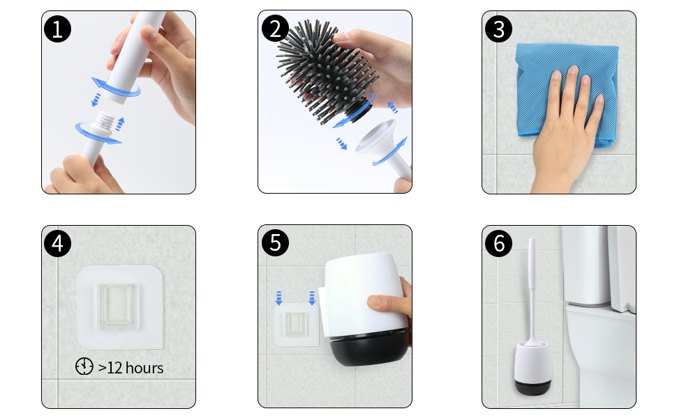 Силіконова щітка для унітазу BOENFU з швидким висиханням, без свердління, настінний кріплення та підставка для ванної кімнати, біла