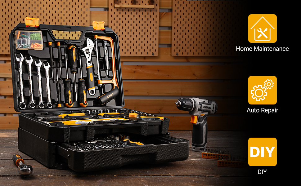 Акумуляторний дриль-шуруповерт DEKO 12V: набір інструментів 238 шт. з кейсом. Електричний дриль для дому, рукоділля та дрібного ремонту. Жовтий.