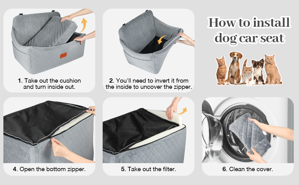 Wooaidagg Memory Foam Dog Car Seat - Washable & Detachable Pet Bed for Medium & Large Dogs - Includes 2 Leashes (Black, Large)