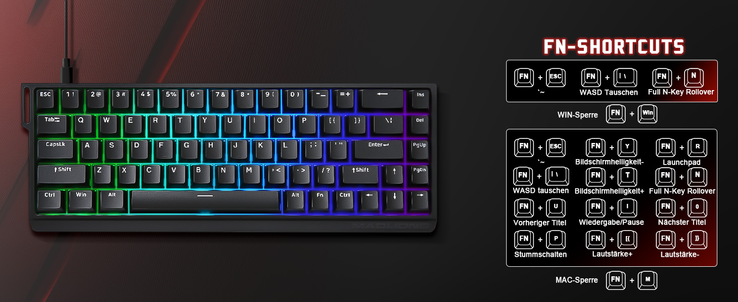 Механічна ігрова клавіатура YUNZII MADLIONS MAD68 з провідним підключенням, Hall Effect, PBT клавіші, RGB підсвічуванням, 8K polling rate (Black, Magnetic Amber Pro Switch)