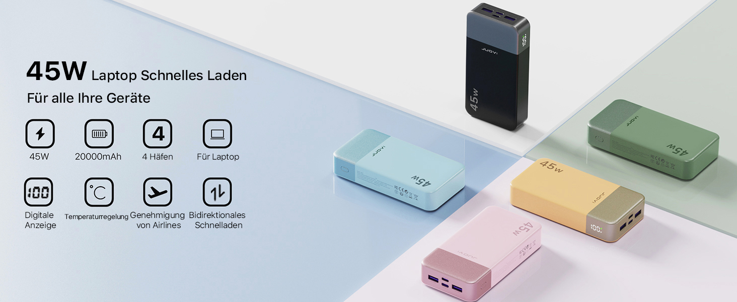 Power Bank JUOVI J2621, 20000mAh, 45W, для Switch, MacBook, iPhone, Samsung, Steam Deck та інших пристроїв
