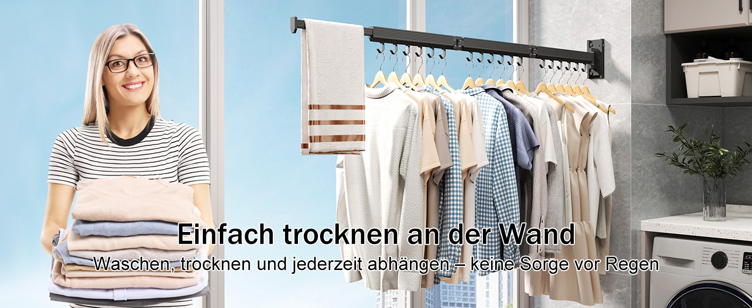 Настінна сушилка для білизни розкладна та складна, з алюмінію, 100 кг, з білими гачками (Black-hooks)
