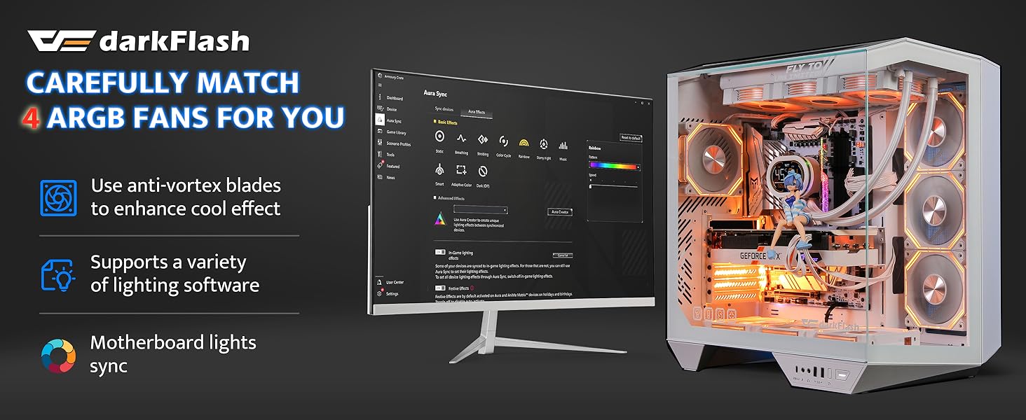 darkFlash DY470: Корпус для ігрового ПК Full-Tower ATX з 4 PWM-ARGB вентиляторами, сумісний з RTX 40, білий