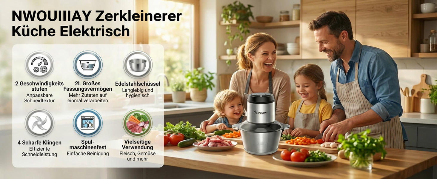 Електричний подрібнювач для кухні 2L з нержавіючої сталі. Подрібнювач для м'яса, овочів та цибулі з 4 лезами.