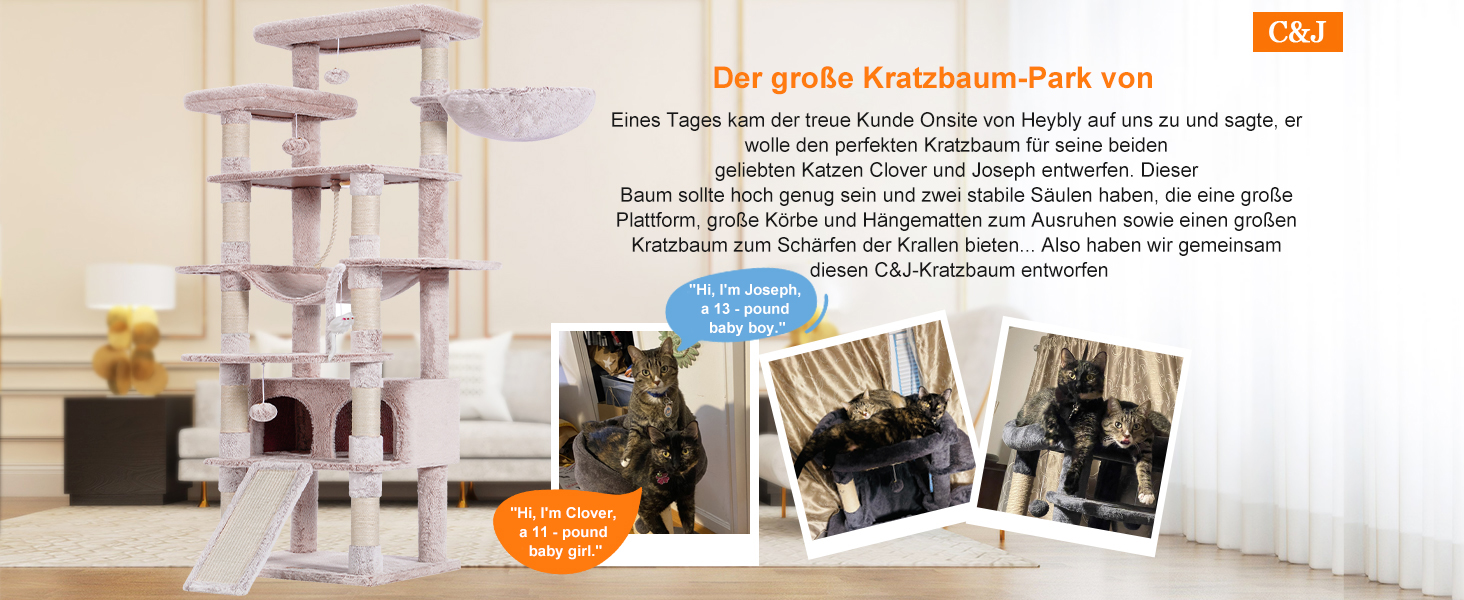 Багатоповерховий котячий будиночок Heybly Kratzbaum HCT033G, бежевий, 200 см, з 11 стовпчиками для шліфування, платформами, гамаком, печерою та іграшками