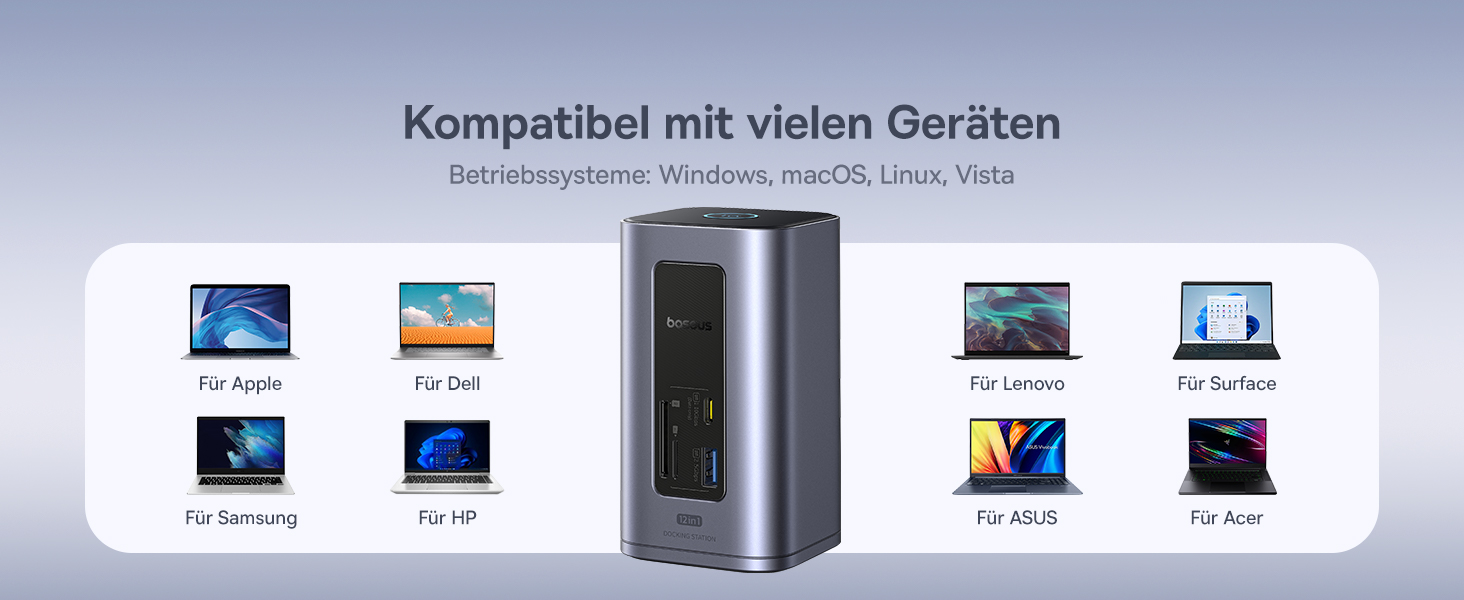 Базаус Док-станція USB-C 12-в-1 для ноутбуків Dell/HP/Lenovo/Asus/Acer/Mac: 2 монітори 4K HDMI, 10Gbps USB-C/A, 100W PD, Gigabit Ethernet