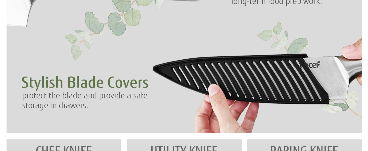 Набір кухонних ножів Hecef (3 шт) з нержавіючої сталі, сріблястого кольору, з порожнистим руків'ям, з захисними піхвами
