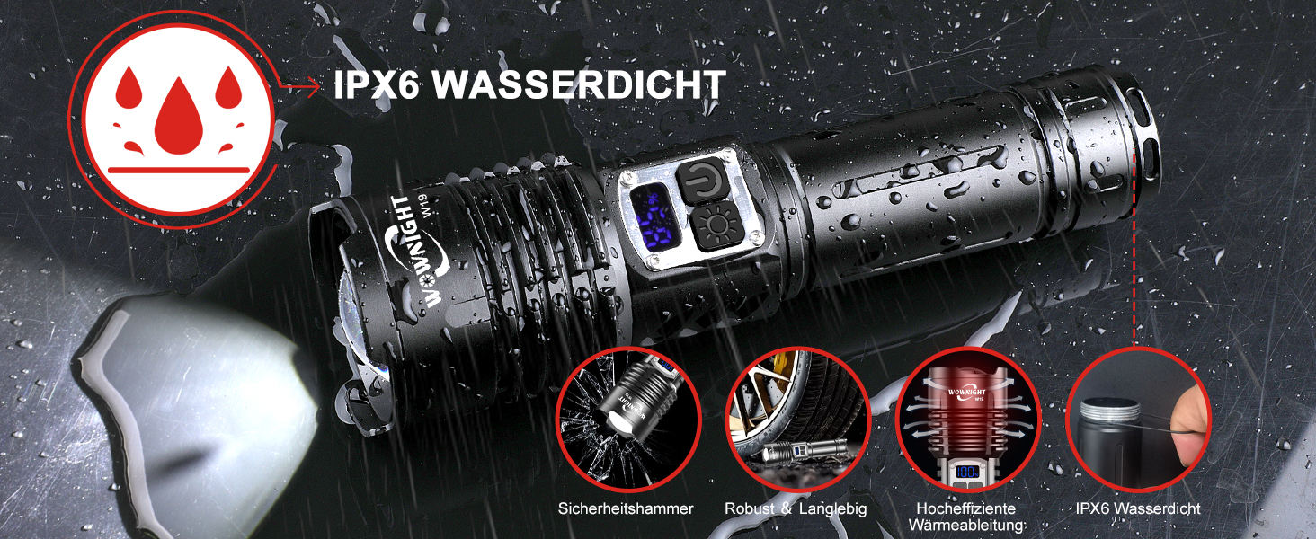 LED ліхтарик на акумуляторі 500000 люмен, 2 режими, USB-C, тактичний, потужний, регулювання яскравості, налобний, для активного відпочинку та надзвичайних ситуацій, Obsidianschwarz