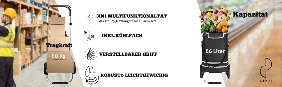 DIVID® Коляска для покупок зі складною візком, 56 л об'єм, до 50 кг вантажопідйомність, складна, сумка через плече та відділення для охолодження, складаний візок для покупок (Червоний)