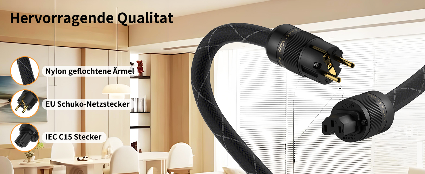 Hi-Fi мережевий кабель Tertullus OFC з роз'ємами Schuko та C15 для сабвуфера, підсилювача та AV-ресивера, 1.5м