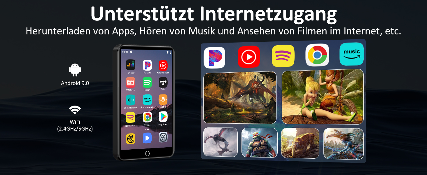 MP3 плеєр 96GB з Bluetooth, Wi-Fi, Android 13.0, Spotify, FM-радіо (чорний)