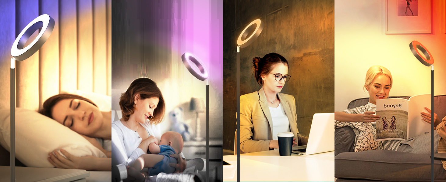 LED торшер, 42W, 16 мільйонів кольорів RGBCW, WiFi, розумний, двосторонній, для вітальні, сумісний з Alexa/Google Home, синхронізація з музикою, плавне регулювання яскравості, торшер для читання в спальню (RGB-RC)