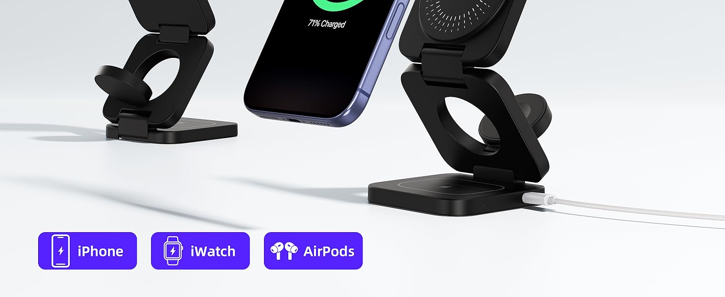 Зарядний пристрій KU XIU X55 Turbo Qi2.2 25W 3-в-1 для Apple Watch, iPhone 17-12 та AirPods, магнітний складаний стенд, адаптер 45W (Чорний)