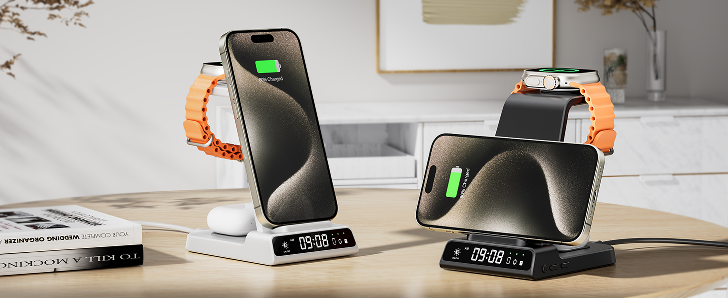 Бездротова зарядна станція 3-в-1 для Apple iPhone 16/15/14/13/12 Pro/Plus, Apple Watch Ultra 2/9/8/7/6/5, AirPods Pro/4/3/2 – Чорна