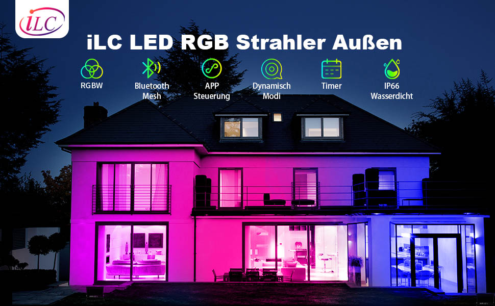 iLC RGB LED прожектор 80 Вт, 16 млн кольорів, таймер, тепле біле світло 2700K, IP66, для вулиці та приміщень, 2 шт.