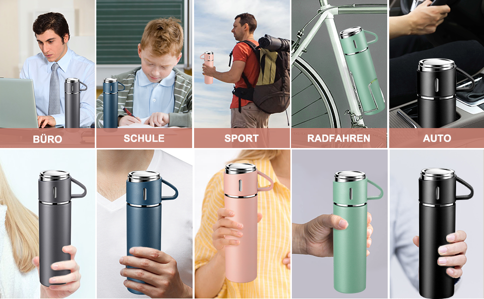 Stainless Steel Thermos Flask with Cup and Handle - 500ml Insulated Travel Mug, Leak-Proof, Double-Walled, Vacuum Insulated, Keeps Hot/Cold for 12 Hours - for Kids, Sports, Travel (Black, Pink)