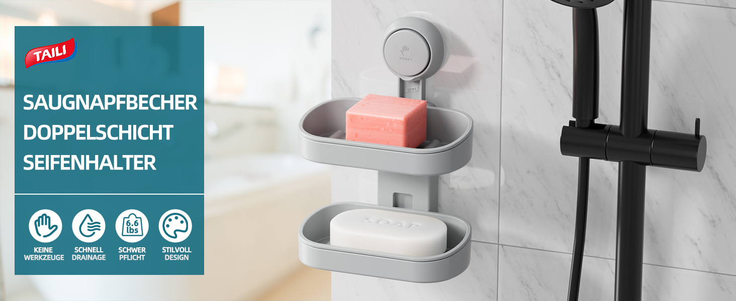 Настінний тримач для мила з піддоном TAILI, сірий, 5 кг, без свердління, для ванної/душу/кухні
