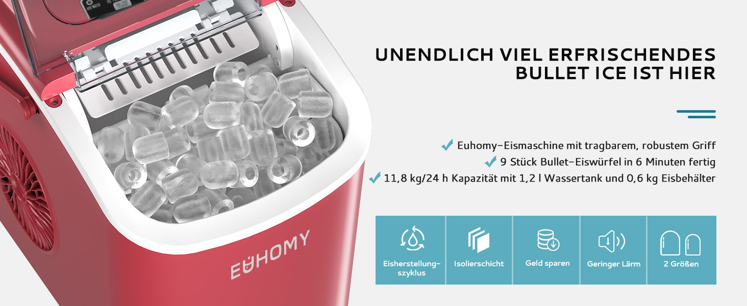 Машина для приготування льоду EUHOMY, 12 кг/24 год, самоочищення, чорний/червоний, 1.2 л