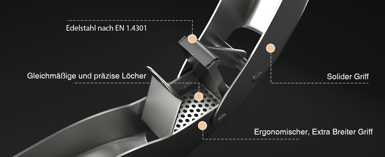 Преміум-прес для часнику з нержавіючої сталі EN 1.4301 – не потребує очищення, придатний для миття в посудомийній машині, інтегрований дизайн, легко чистити, 5 років гарантії