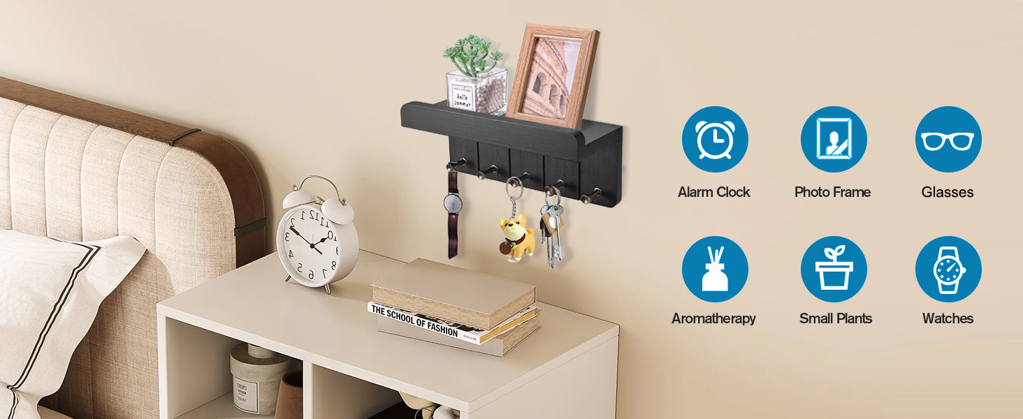 Дерев'яне ключниця з полицею, настінна | 5 гачків | для прихожей, кухні, спальні (чорний)