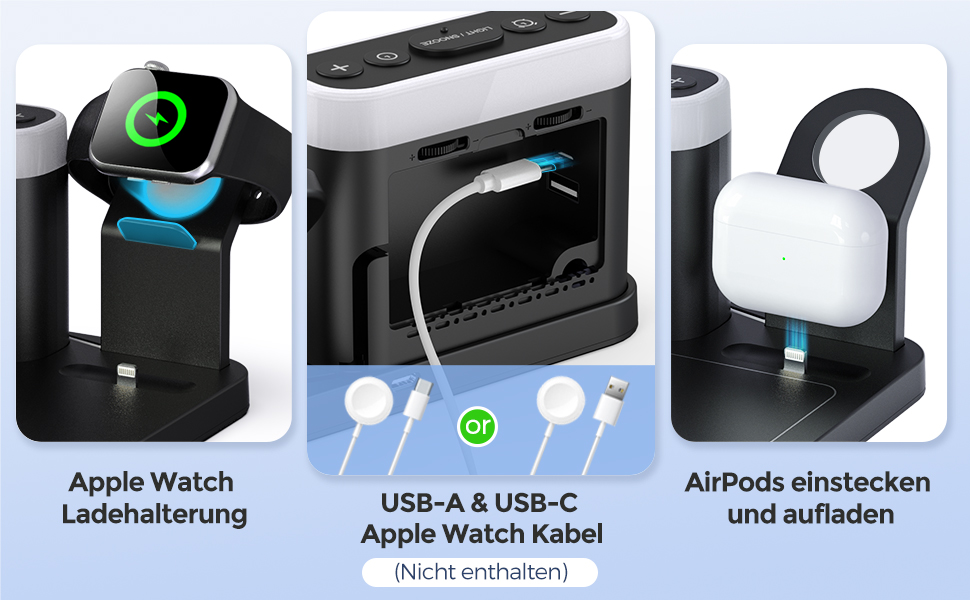 Зарядна станція 5 в 1 з будильником, нічниками та бездротовим зарядним пристроєм для iPhone, Apple Watch, AirPods та Samsung