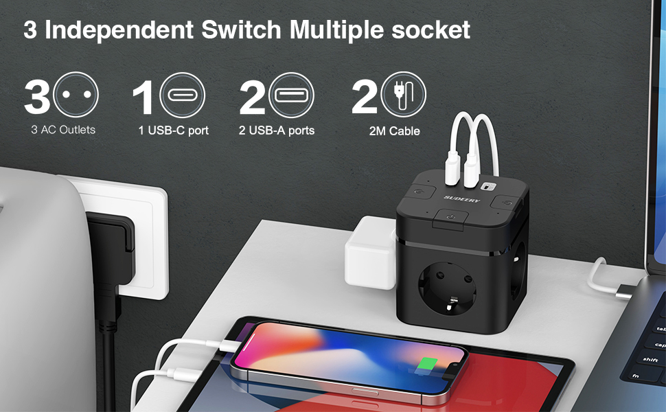 Багатофункціональний розподільник розеток 6 в 1 з USB-C, 3 розетки, індивідуальне вмикання, плоский штекер, кабель, 1 USB-C, для офісу, дому, подорожей (2м, чорний)