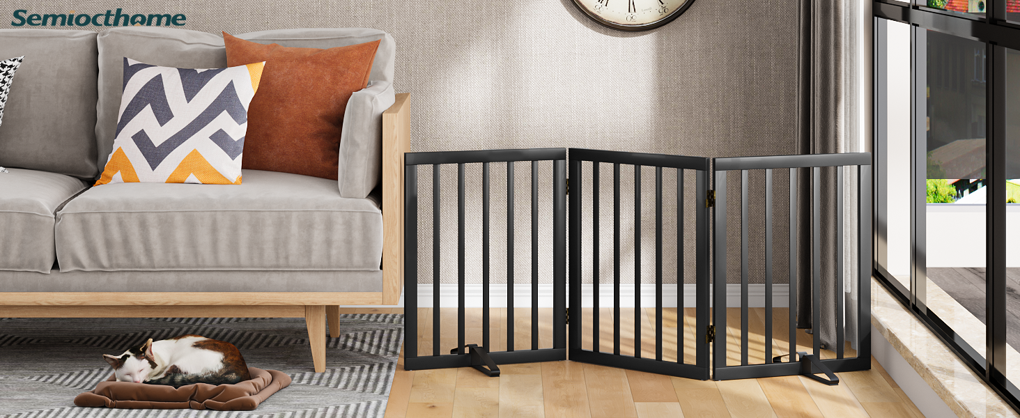 Набір з 3 частин: перегородка для собак з бамбука Semiocthome, 140 см, чорна. Перегородка для собак, для дому, для треп, розширювана, з металевими стійками, 61 см у висоту
