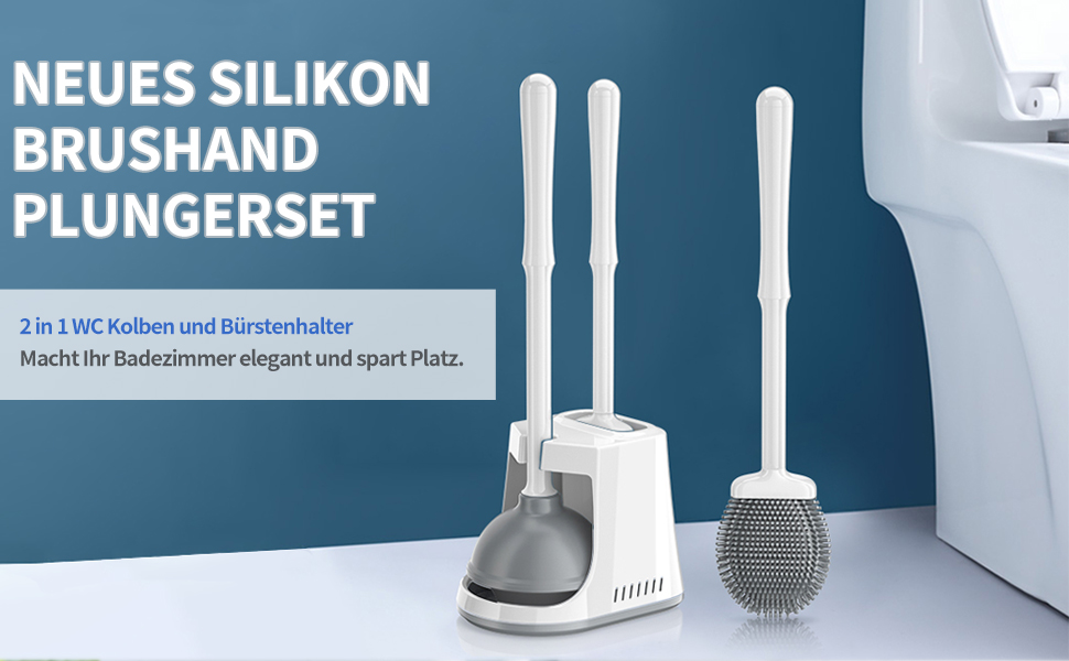 Набір для чищення унітазу з силіконової щітки та поршня, білий, з тримачем, для унітазу