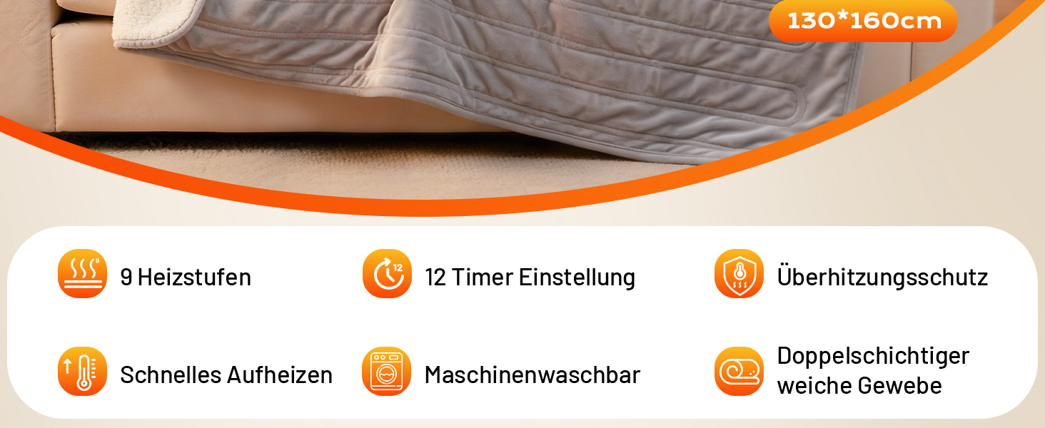 Електрична ковдра з автовимкненням 130x180 см. 8 режимів нагріву, захист від перегріву, двостороння, для ліжка та дивану. Можна прати в машині. (Сірий)