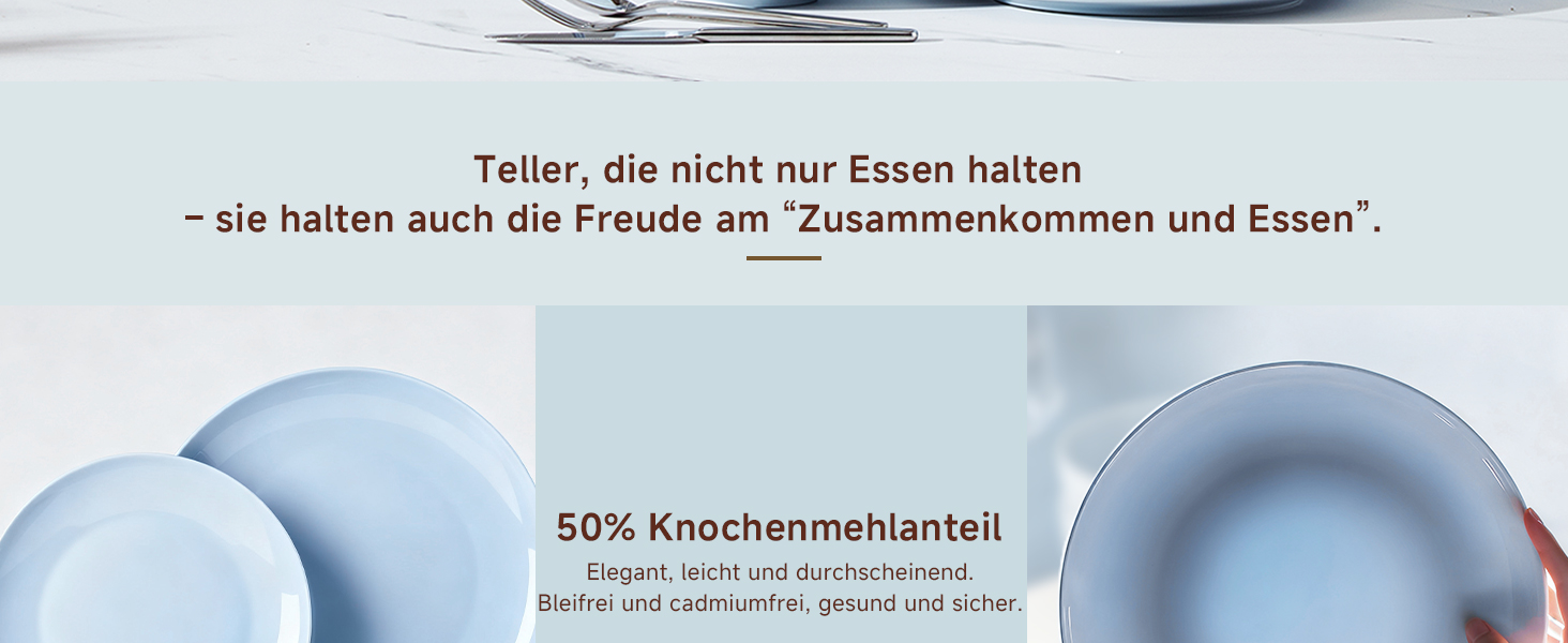 Набір посуду HIKAA на 6 осіб, 18-ти предметний сервіз з кісткового фарфору, комплект тарілок, безпечний для мікрохвильової печі та посудомийної машини, сервіз для дому, весілля, легкий та довговічний (блакитний)