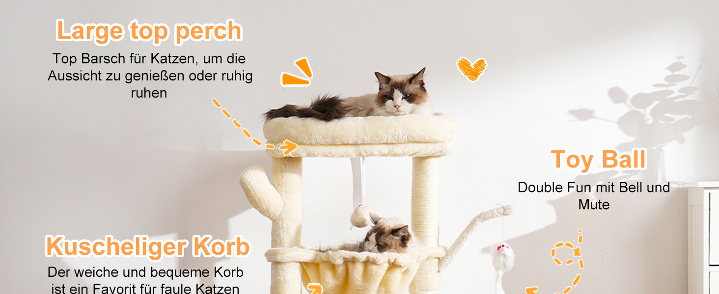 Котячий будиночок Heybly Kratzbaum: 100 см, з платформою, печерею, 2 гамаками та іграшками. Активний котячий будиночок, HCT006SG (Бежевий)