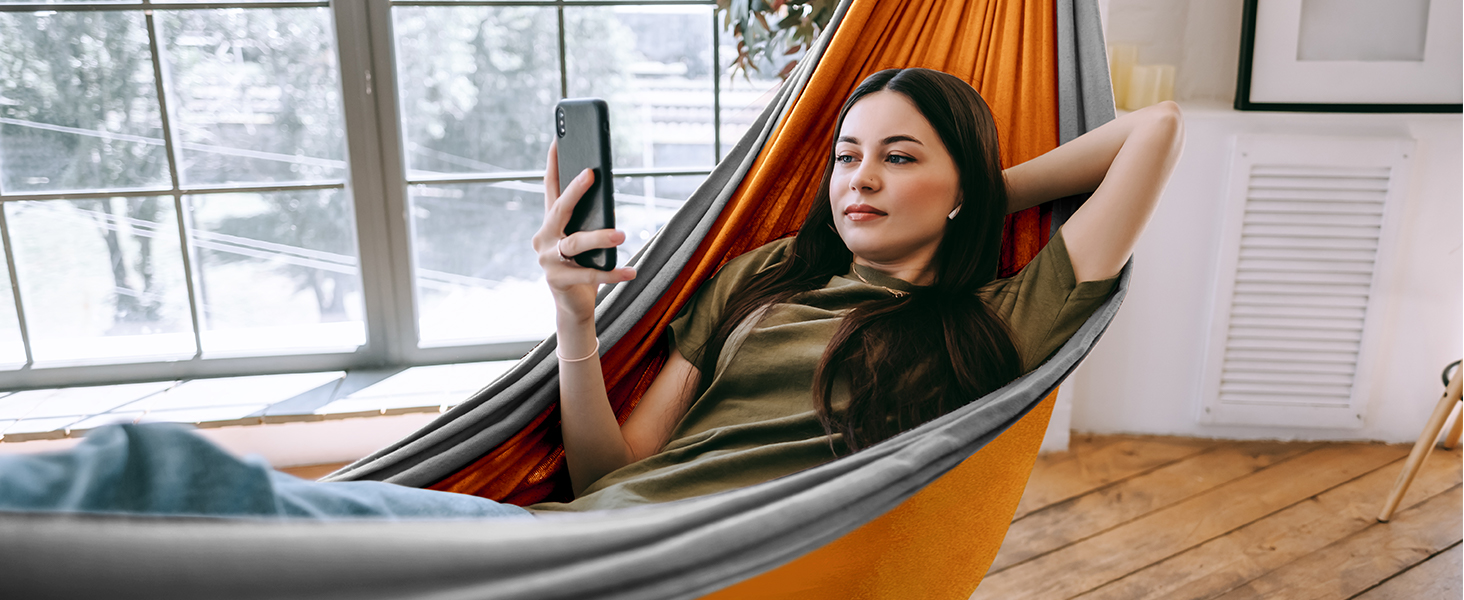 Гімніс Гамак для відпочинку на відкритому повітрі Ultraleicht, 275x140 см, з мотузками та карабінами, 300 кг, Оранжевий - Сірий