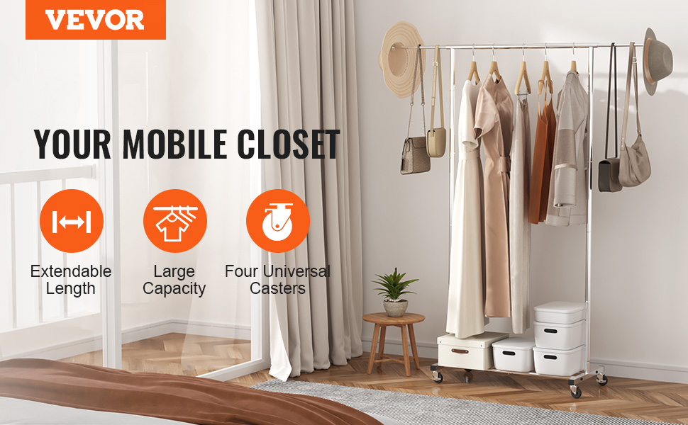 VEVOR Clothes Rack Coat Rack 1 Clothes Rod, Durable Clothes Rack Black 400 x 1010 x 1510 mm Clothes Rack for Bedroom, Laundry Room, Dressing Room, Entrance, etc. (1 Rod, 54.3