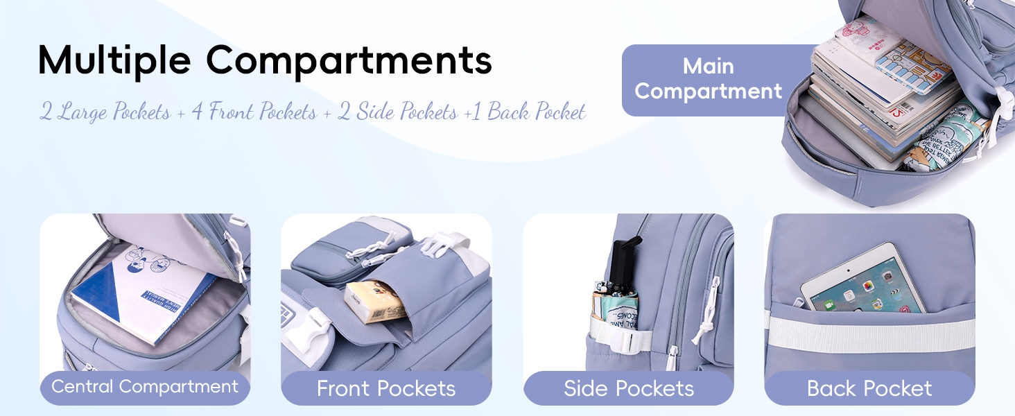 Рюкзак для підлітка, шкільний рюкзак для дівчинки з багатьма відділеннями, рюкзак для учнів 3-5 класів, середньої та старшої школи, нейлоновий рюкзак для подорожей та відпочинку, блакитний