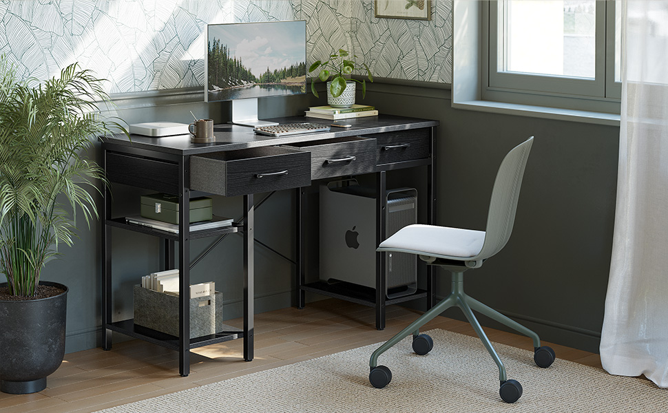 CubiCubi 120x50cm Desk with 3 Drawers & 4 Shelves - Home Office, Computer & Gaming Desk - Black