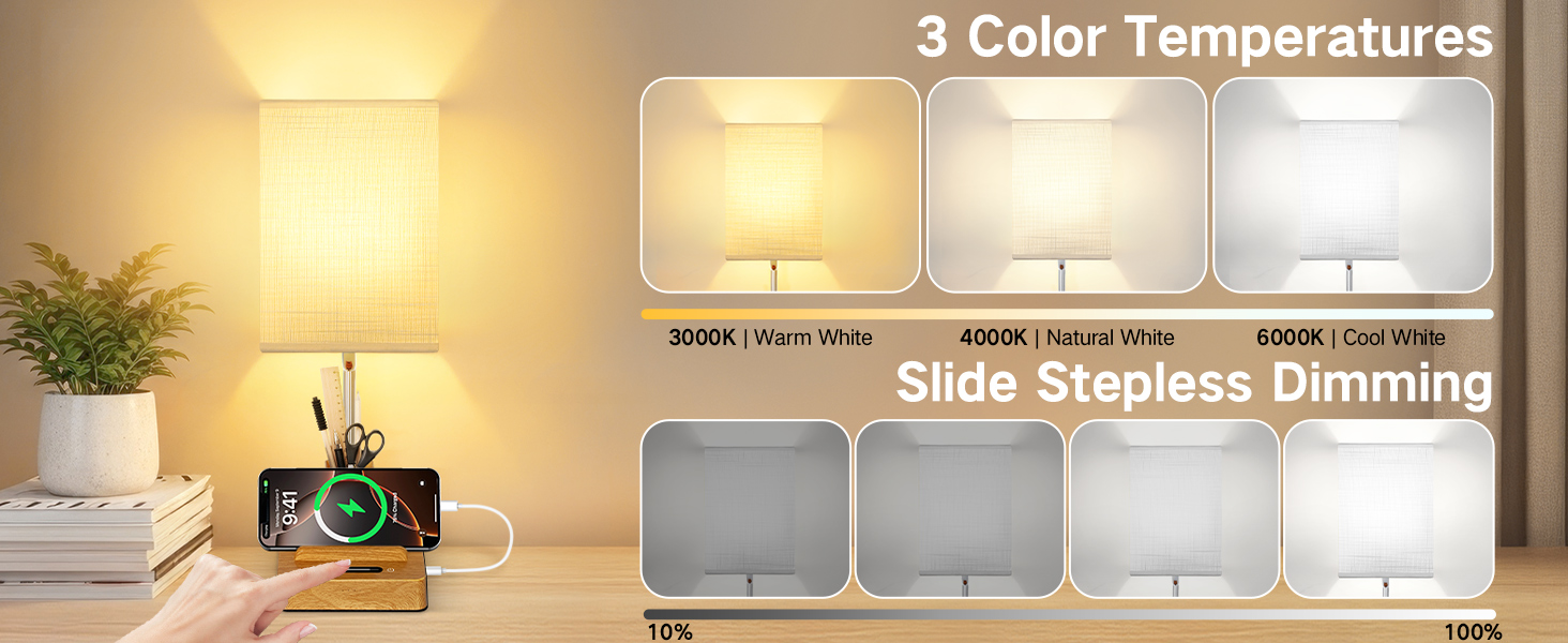 Настільна лампа світлодіодна OUTON 8000mAh бездротова з підставкою для ручок, акумуляторна, тканинний плафон, 3 режими світла, сенсорне керування, димування, індикатор заряду