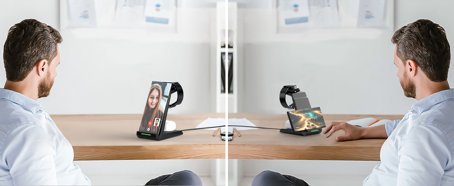 Бездротова зарядка 3-в-1 для Samsung Galaxy: годинники, навушники, смартфони. Сумісна з Galaxy Watch 8/7/6/5/5 Pro/4/3/Active 2, S25, S24, S23, S22 Ultra, S21, Note 20, Buds. Чорний колір.