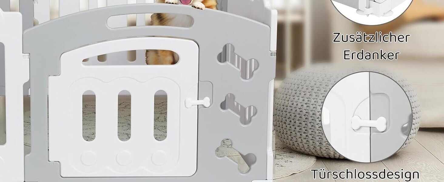 Летворешітка для цуценят Mamizо 60см, сталева та пластикова, з воротами та фіксаторами, для дому та на вулицю (7+1, сіро-біла)