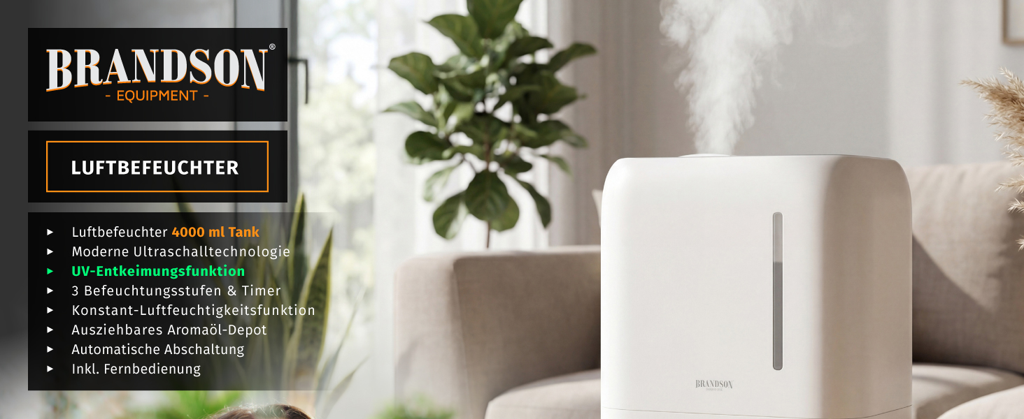 Зволожувач повітря Brandson 4 л з пульт дистанційного керування, ультразвуковий, LED-дисплей, 3 режими, аромадифузор, функція дезінфекції, нічний режим, для спальні та дитячої кімнати
