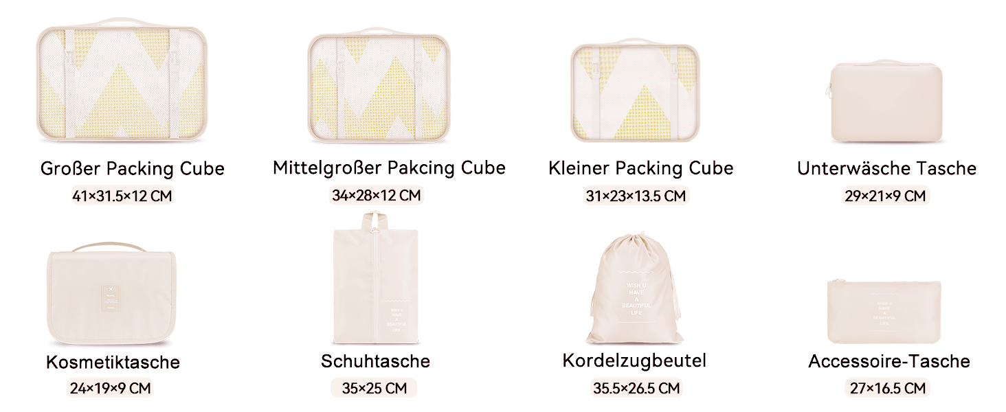 Набір органайзерів для валізи MURISE (8/6 шт.) - кубики для пакування, система організації подорожей, бежевий колір