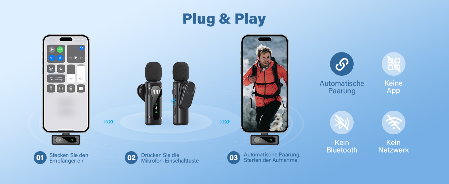 Беспроводной петличный микрофон для iPhone, iPad, Android - миниатюрный клип-микрофон с шумоподавлением, авто-подключением, функцией отключения звука и реверберацией, идеально подходит для видеоблогинга, видеосъемки, TikTok