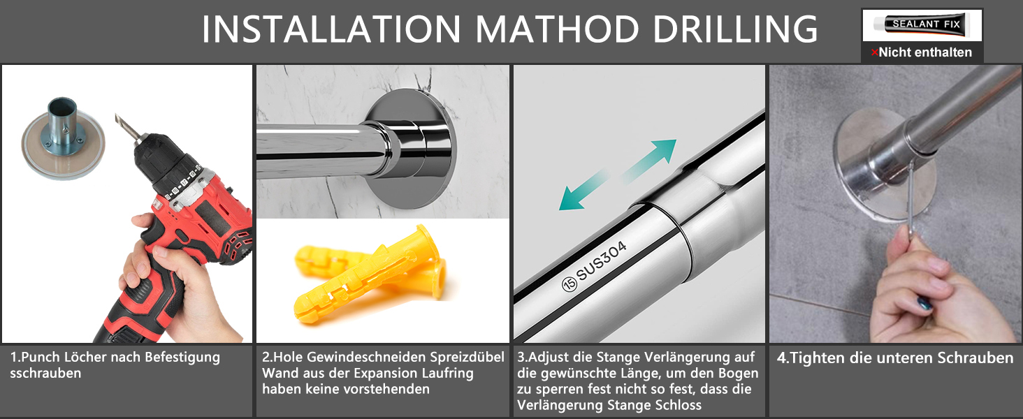 Штанга для душу U-подібна, 85-120 см, не потребує свердління, з нержавіючої сталі 304, для ванної/душу