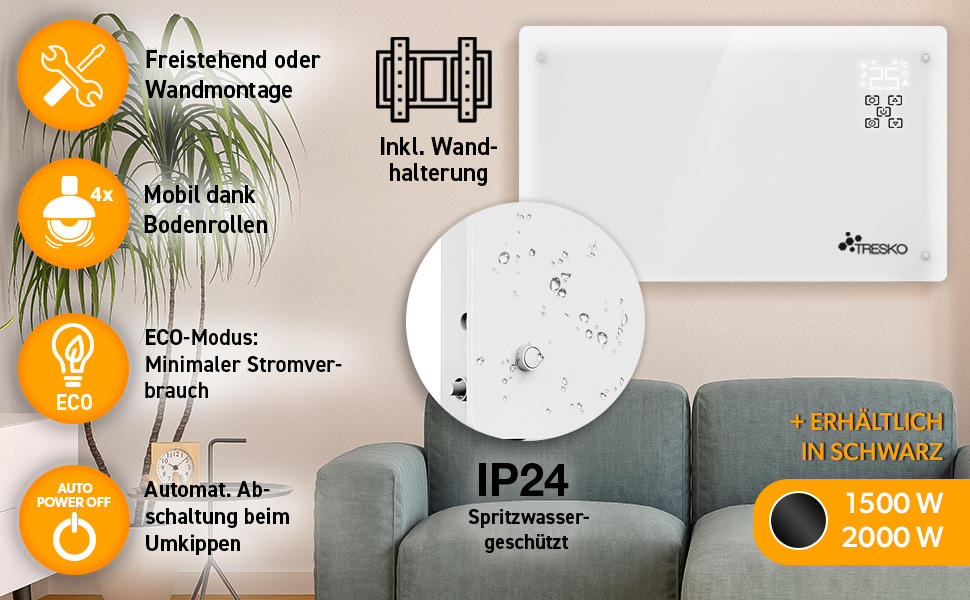 Конвектор TRESKO® 2000W з Wi-Fi, LED-дисплеєм та таймером | Електрична скляна панель опалення | Білий | 2000 Вт