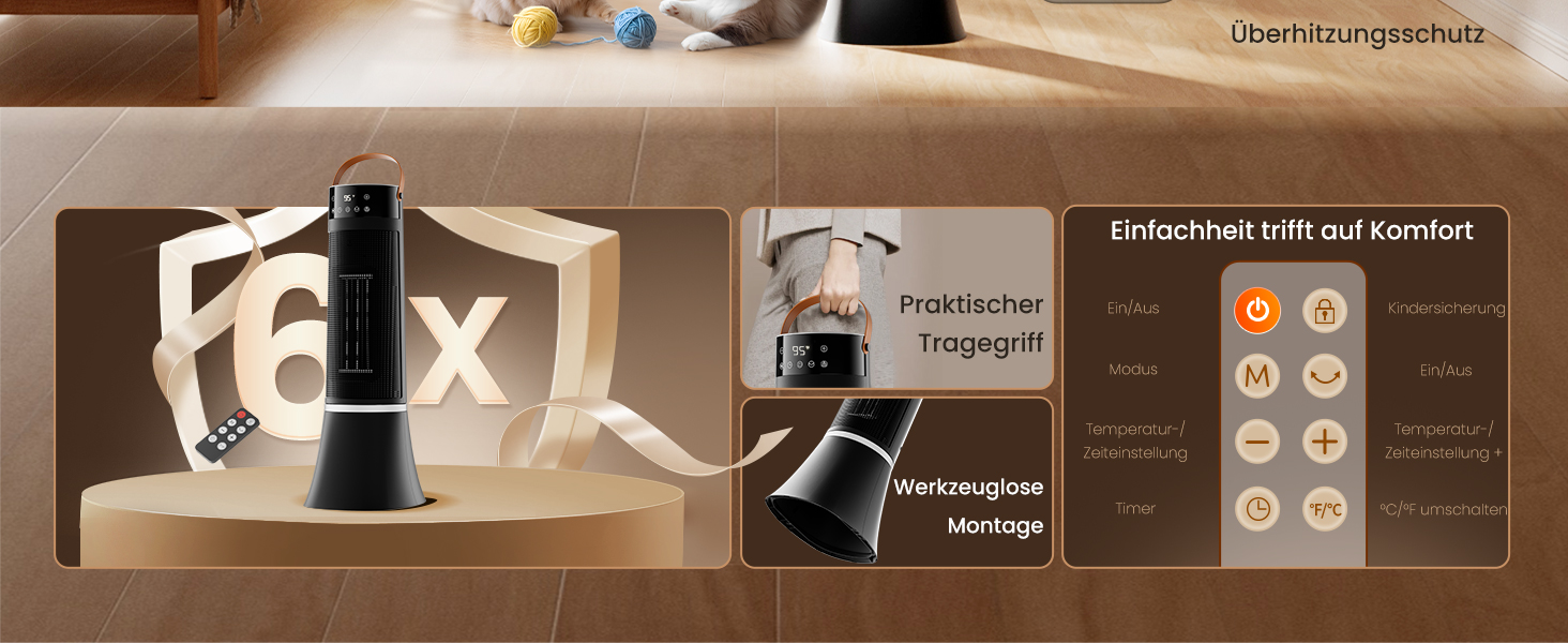 Електричний обігрівач 2000W з керамічним PTC нагрівачем, 75° обертання, термостат, тиха електропіч, 3 режими, таймер 24 години, захист від перегріву та перекидання